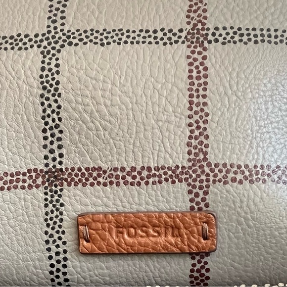 Fossil Rachel Zip Top Tote Gray Plaid Shoulder Bag Brown Leather Trim NWOT - Picture 4 of 10